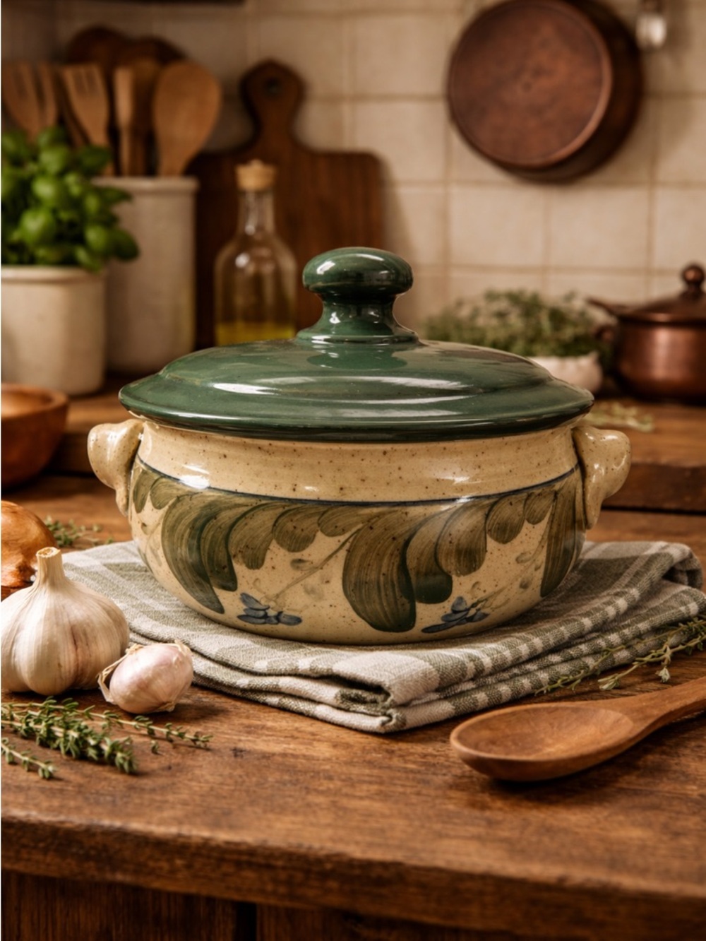 Vintage Pottery Hand-Painted Ceramic Covered Casserole in Green and Cream